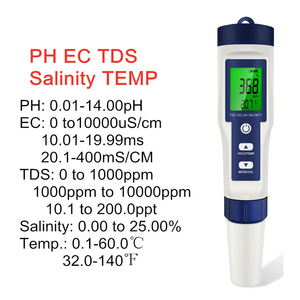 เครื่องวัดค่า PH TDS EC แบบดิจิตอล 5 in 1 พร้อมไฟแบ็คไลท์ สำหรับทดสอบความนำไฟฟ้า ความเค็ม อุณหภูมิ ความบริสุทธิ์ของน้ำ  5-in-1 Digital TD - Product Image 3