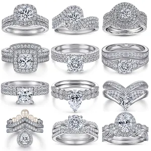 SKA Wholesale Silver Heart Halo Engagement And Wedding Band Rings