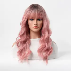 高温纤维假发长卷发合成头发粉色Cosplay派对假发
