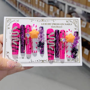 Ms.Miemie 10 <span class=keywords><strong>Uñas</strong></span> Postizas Hechas a Mano, Diseño <span class=keywords><strong>de</strong></span> Serpiente Plateada Larga, Estrella, Dibujos Animados, ABS, Cuadradas, Rojas, <span class=keywords><strong>Relieve</strong></span> Francés, <span class=keywords><strong>Uñas</strong></span> al por Mayor - Product Image 1