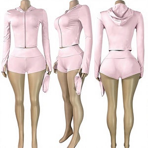 Conjunto de dos piezas acanalado para mujer: Sudadera con capucha de manga larga y shorts de cintura alta a juego, conjunto de descanso con cremallera y cuello simulado, venta al por mayor - Product Image 5