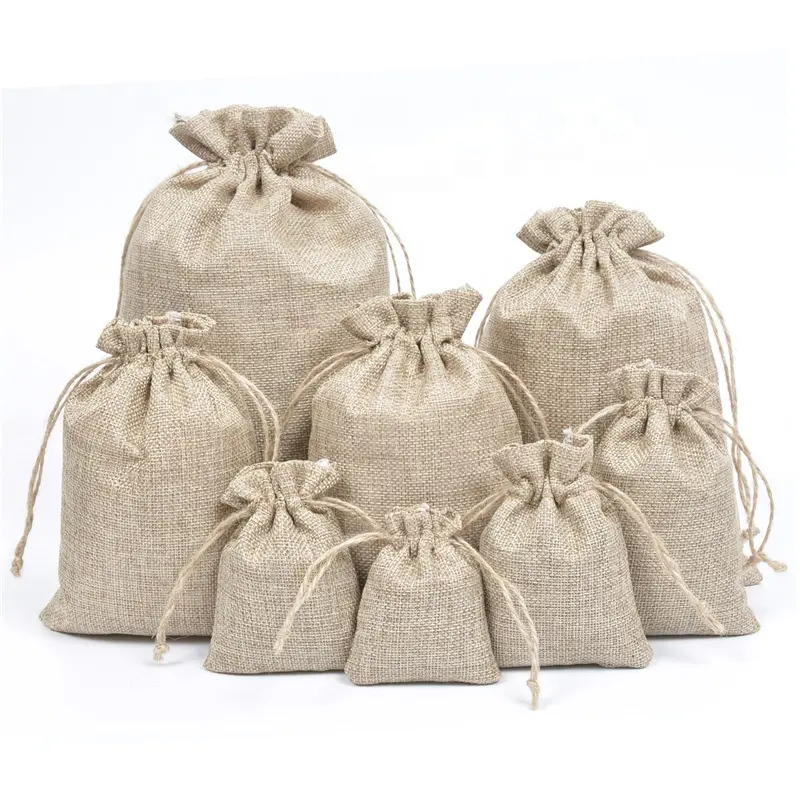 10 sizes on stock plain organic Jute pouch linen bag small reusable hemp drawstring bags