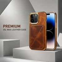Casing Ponsel Kulit Sapi Asli Berlapis Lilin Mewah untuk iPhone 16 15 14 13 12 Pro Max dengan Slot Kartu Ganda Tersembunyi dan Penyangga