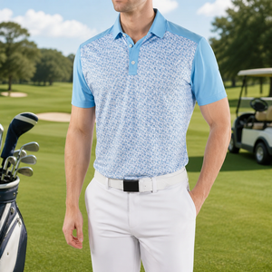 T-shirt de golf formel pour homme de haute qualité, imprimé lettres, en jersey de performance, avec motif en tissu tricoté imprimé par transfert thermique, couleur foncée - Product Image 1