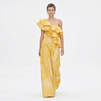 Combinaison une pièce pour femme, style Bohème Chic, en lin et coton, jaune, avec détails œillets, haut bustier sans bretelles, volants, broderie, coupe jambe large, idéale pour l'été et les vacances, personnalisable