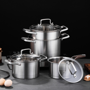 Ensemble de casseroles modernes en métal antiadhésif écologique Tornado Happy <span class=keywords><strong>Baron</strong></span>, renforcé par des rivets, 8 pièces, en acier inoxydable, avec couvercles en verre, passe au lave-vaisselle - Product Image 1