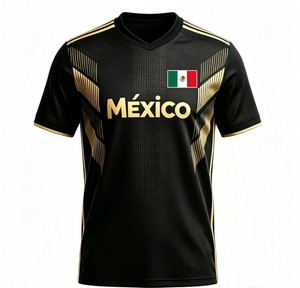 Maglietta Nera del Messico con Dettagli Dorati, Maglia da Calcio con Bandiera Nazionale Messicana per Tifosi - Product Image 1