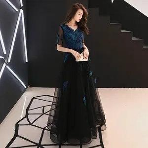 A Line Lace-up Lace Gown Scoop Dark Blue Beaded 1/2 Sleeve Appliqued 2020 Formal Party Wear Evening Dress