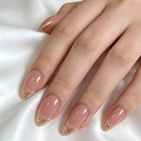 Faux ongles à presser en amande, rose gelée, avec feuille d'or, French manucure brillante, vente en gros, étiquette privée personnalisée