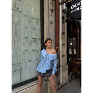 Camisa Informal de Algodón Azul con Detalle de Cuello para Mujer Mybeefashion - Elegante Blusa de Manga Larga con Botones para Uso Diario - Product Image 2