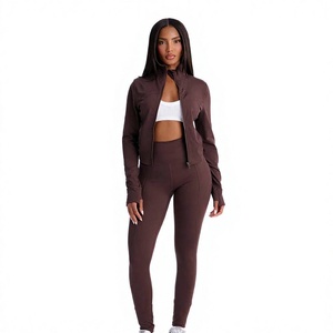 Ensemble de yoga 2 pièces pour femme : veste zippée, leggings taille haute, marron, col montant, manches longues, survêtement - Product Image 1