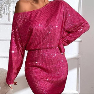 One Shoulder Sequined <b>Dress</b> <b>Gold</b> Plus Size Cocktail <b>Party</b> Wear Long Sleeve Loose Fit - Product Image 4