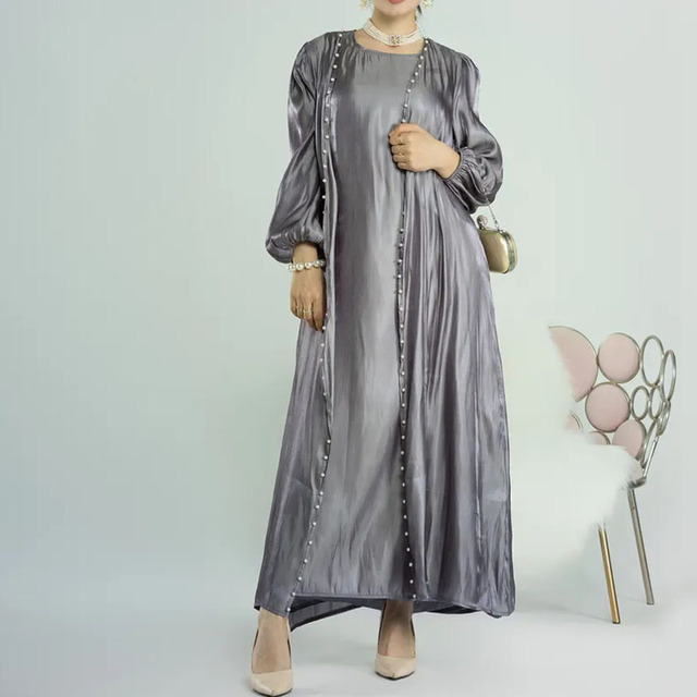 Muslim Women Ramadan 2-Piece Abaya Set Front Pearl Islamic Clothing Shiny Satin Silk Abaya with Inner Slip Dress Set