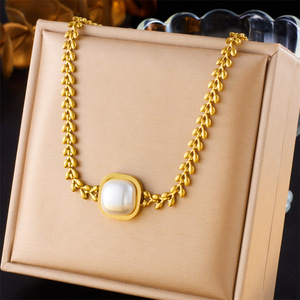 Pearl Square Wheat Ear Chain Gold Plated Necklace Geometric Design Everyday Wear - Product Image 1