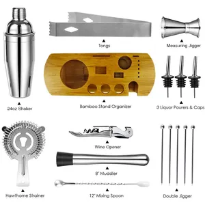 طقم خلاط مشروبات كوكتيل مكون من 16 قطعة من الفولاذ عالي الجودة المقاوم للصدأ طقم أدوات باروير مع حامل طقم خلاط مشروبات كوكتيل