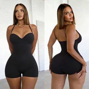 adjustable shoulder straps sleeveless <b>Tight</b>-fitting elastic strapless jumpsuit plain minimalist basic <b>sexy</b> yoga short jumpsuit - Product Image 1