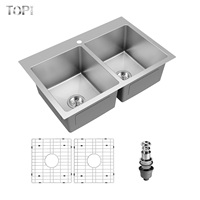 Évier de cuisine artisanal en acier inoxydable T304 de calibre 16, double bac de 10 pouces de profondeur, à un trou, moderne, à montage sur le dessus avec égouttoir