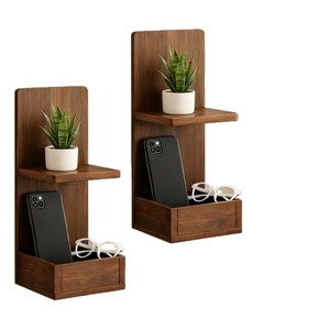 Solid wood <b>floating</b> <b>wall</b>-mounted <b>shelf</b>, double-layer bedside green plant holder, mobile phone plant holder, bathroom scented - Product Image 5