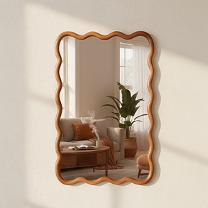 Yellowish Brown 24x36 Wavy <b>Rectangle</b> Solid Wood Frame Decorative <b>Mirror</b> <b>For</b> Bedroom Bathroom Living Room Entryway - Product Image 1