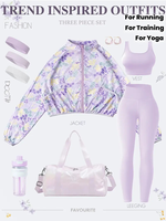 Ensemble respirant imprimé transfrontalier à séchage rapide et anti-plis : Veste zippée, soutien-gorge de sport et leggings (trois pièces)
