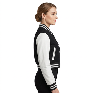 Chaqueta Varsity para Mujer, Piel de Vaca, Cuerpo Negro, Mangas Blancas, Cierre de Botones, Largo Regular, Cuello Alto, Ropa de Invierno, Algodón Tejido - Product Image 3