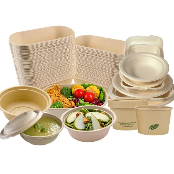 Custom 500ml 750ml 32oz eco biodegradable compostable disposable soak proof noodle meal sugarcane bagasse salad bowls with lid