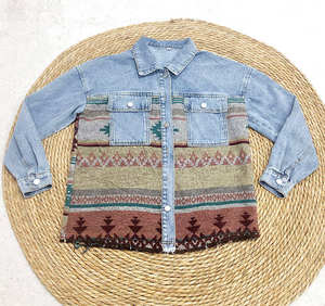 Kadın Retro Denim ceket yeni uzun kollu Jean üst yaka Shacket kadın Vintage Denim trençkot Aztec ceketler - Product Image 4