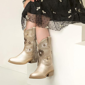 Bottes en cuir pour enfants et bébés, style cowboy vintage, à talons hauts, en daim, avec broderie florale, pour garçons et filles, vente en gros - Product Image 4