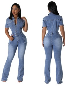 <span class=keywords><strong>Combinaison</strong></span> décontractée classique en jean cargo pour femmes, avec jambes larges, longueur intégrale - Product Image 5