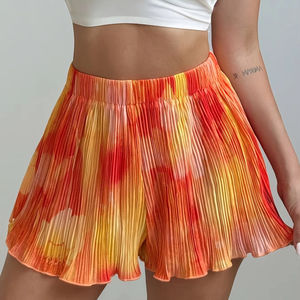 Shorts Plisados Naranja de Estilo Vacacional a la Moda |   Tela Casual de Corte Regular, Sin Elasticidad, Antiarrugas y de Secado Rápido para - Product Image 1