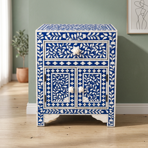 Mueble de Madera con Incrustaciones de Hueso Azul, Diseño Oriental, Hecho a Mano, Mesa Auxiliar de Almacenamiento, Forma Cuadrada, Gabinete Decorativo con Cajones - Product Image 1