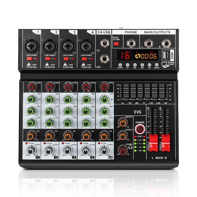 XTUGA Professional 6-Channel DJ Mixer with 16 DSP Effects and 7-Band EQ 48V for USB Function for Studio Stage & Party