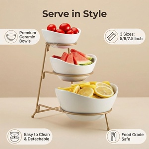 Ensemble de 3 bols en porcelaine blanche de 5, 6 et 7,5 pouces avec support en métal doré, plateau de service à 3 niveaux pour snacks, fruits, sauces, fêtes et décoration intérieure - Product Image 3