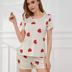 New Product Women's Sleepwear Summer Casual 2piece Pajama Suit Heart Print Short Nightshirt.