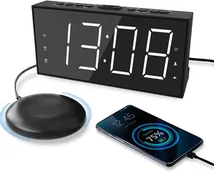 Super Loud Dual Vibrating Alarm Clock Speaker with Large Display USB Charger Bed Shaker for Heavy Sleeper Hearing-impaired Deaf