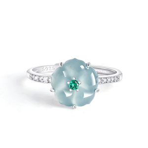 Natural Genuine A-grade Jadeite Blue Water Lotus <b>Ice</b>-grade Flower-shaped Rhodium-plated S925 Gemstone <b>Ring</b> Fashionable Women - Product Image 2