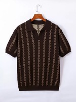 Polo en maille décontracté pour homme, motif jacquard losanges gaufré vintage, col à revers, manches courtes, pull en maille pour l'été