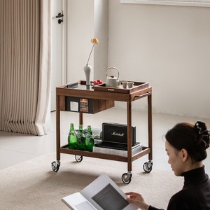 Walnut Wood Movable Double Layer Coffee <b>Table</b> Storage Cart Living Room <b>Side</b> <b>Table</b> With Wheels - Product Image 1