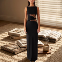 Robes de soirée pour femmes, noires, sans manches, col rond, moulantes, maxi, en dentelle, avec découpes, taille ajustée, pour soirée, cocktail, robe de cérémonie, sur mesure
