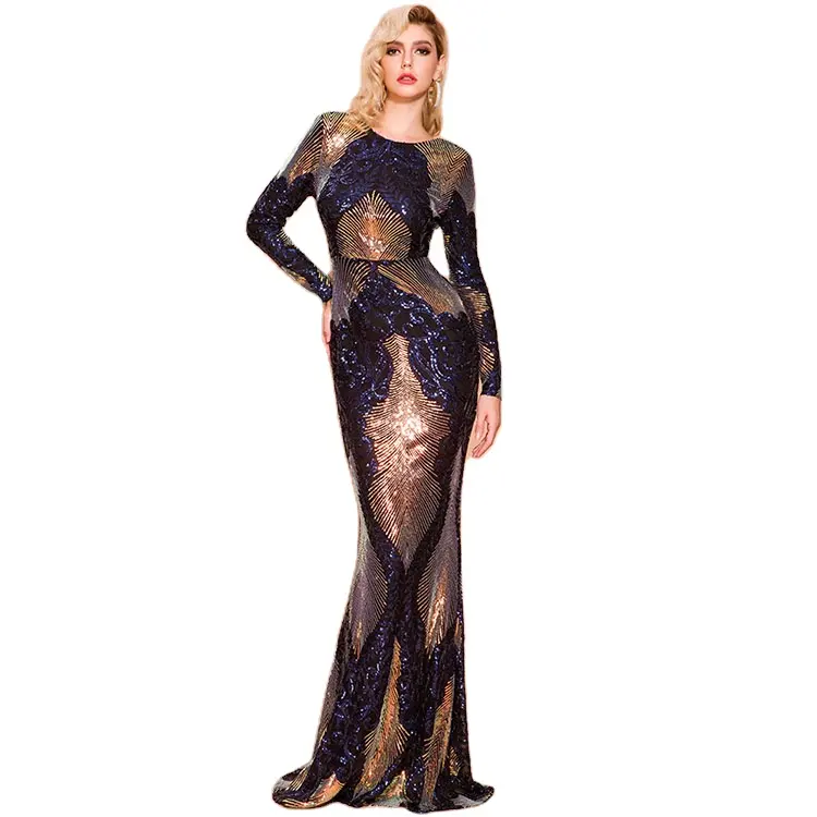 Noble Gold Womens Sequin Long Sleeve Dress Celebrity Long Mermaid Dresses Formal Prom Dresses