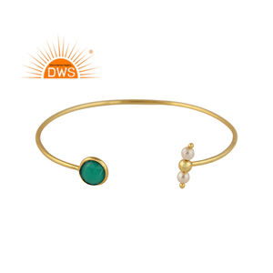 Popular Design Green Onyx and Pearl Gemstone Bangle Gold Plated <b>Silver</b> Sleek <b>Cuff</b> Bangle Jewelry Manufacturer - Product Image 1