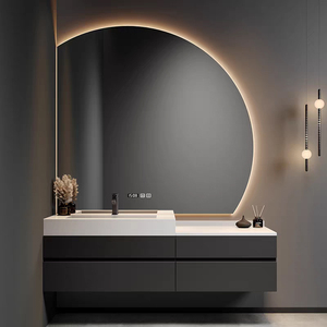 Mobile da Bagno di Lusso in Legno Massello con Cassetti e Lavabo, Specchio a Mezzaluna per Hotel - Product Image 1