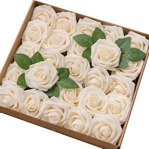 Flores Artificiais 25PCS Rosas Creme Flor Box Set w/Stem para DIY Buquês de Casamento Festa Home Quarto Decorações