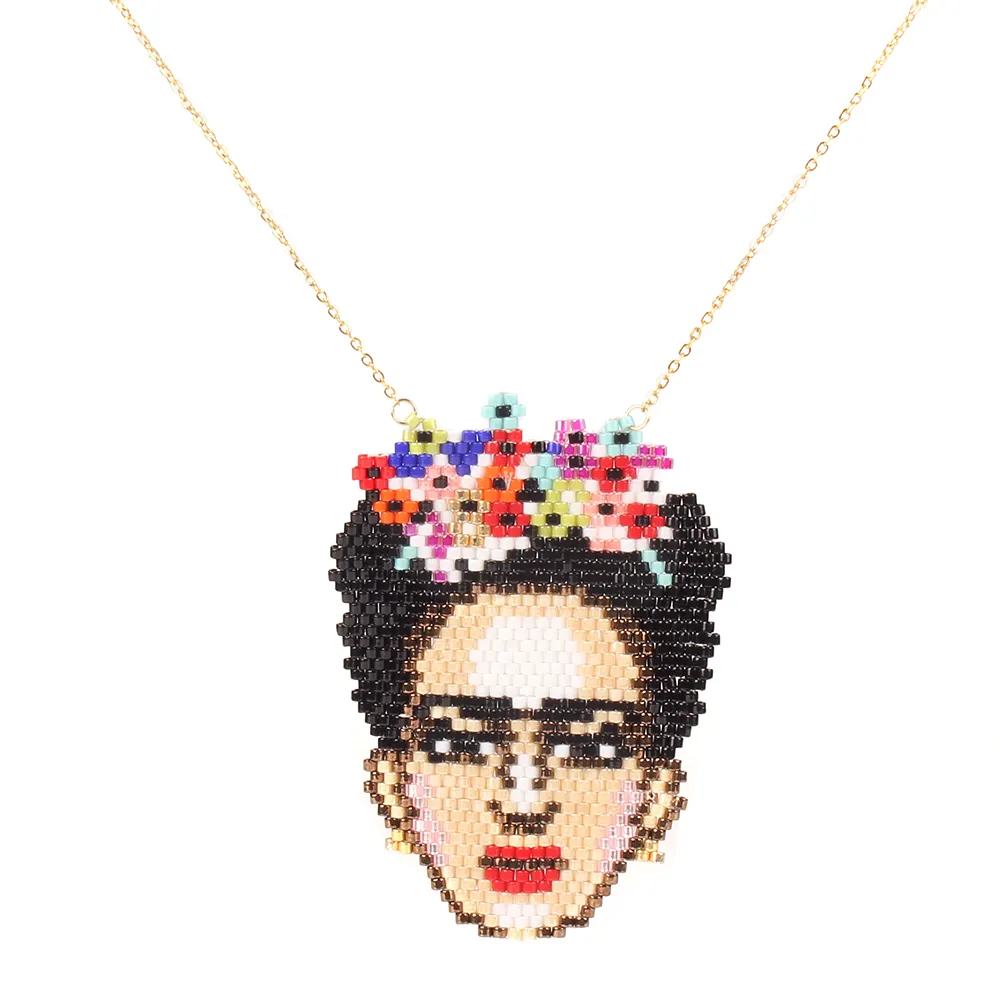 Go2boho-Colgante con diseño de Frida mexicana para mujer, collar de joyería con cuentas de semilla de Miyuki, collares de acero inoxidable