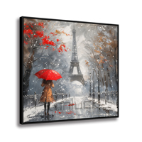 Automne à Paris : Femme avec parapluie rouge en promenade près de la Tour Eiffel – Impression artistique aquarelle moderne 50x50cm – Décoration murale