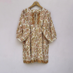 Nouvelle arrivée, robe courte à manches longues en coton et mousseline de soie pour femmes, imprimé de fleurs rouges et dorées, col mandarin, respirante, écologique - Product Image 1