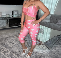 Viviblook Q26ST076 Ensemble 3 pièces sexy d'été pour femme avec haut court dos nu sans manches, pantalon court moulant et imprimé à pois, et bandeau