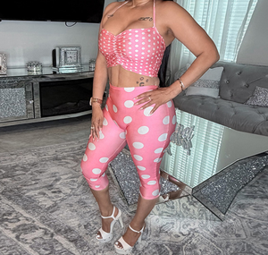 Viviblook Q26ST076 Women <b>Summer</b> Sexy Sleeveless Halter Crop Top Tight Cropped <b>Pants</b> Polka Dot Printed 3 Piece Set With Headband - Product Image 1