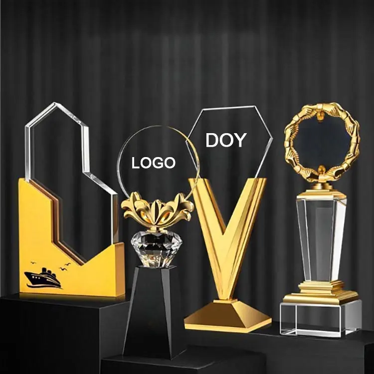 Logotipo personalizado de alta qualidade, em branco, forma de estrela, gravado, cristal, trofé, award com base de metal dourado