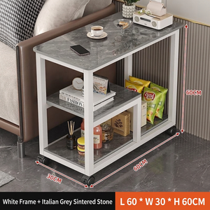 Petite table basse moderne en faux marbre blanc avec rangement asymétrique et roulettes - Product Image 6